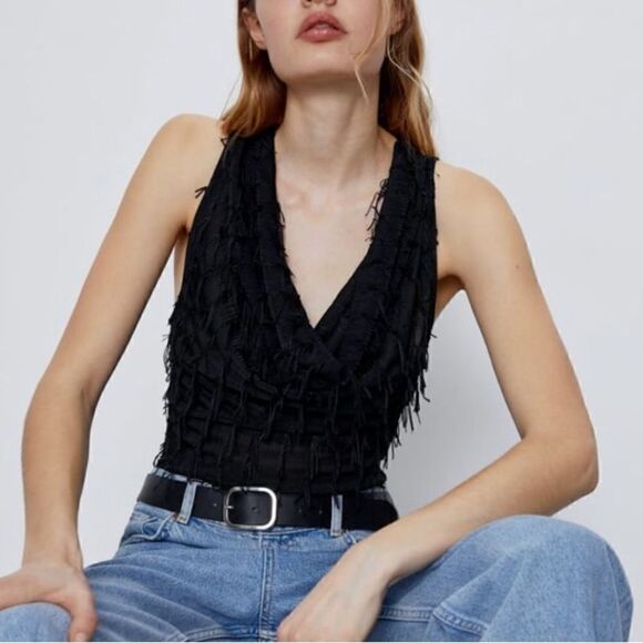 NEW ZARA Black Fringe Bodysuit - Picture 1 of 3